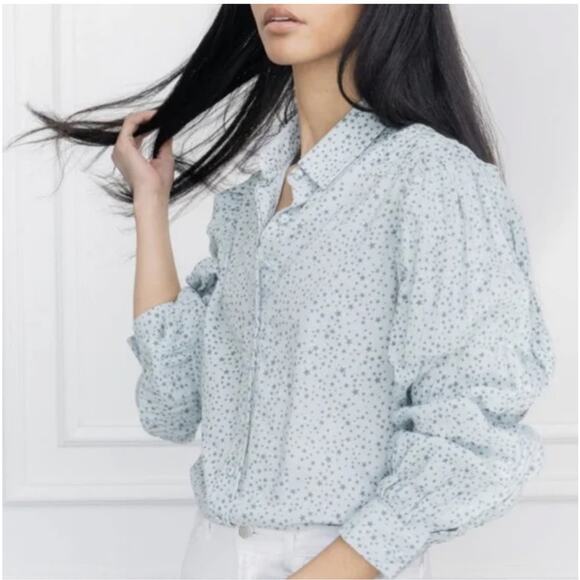 The Shirt Rochelle Behrens Blue Star Print Long Puff Sleeves Button Down Shirt M - Picture 2 of 11